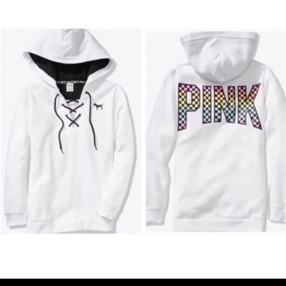 Victoria's Secret PINK Rare Rainbow Checkerboard Hoodie L - Picture 3 of 10